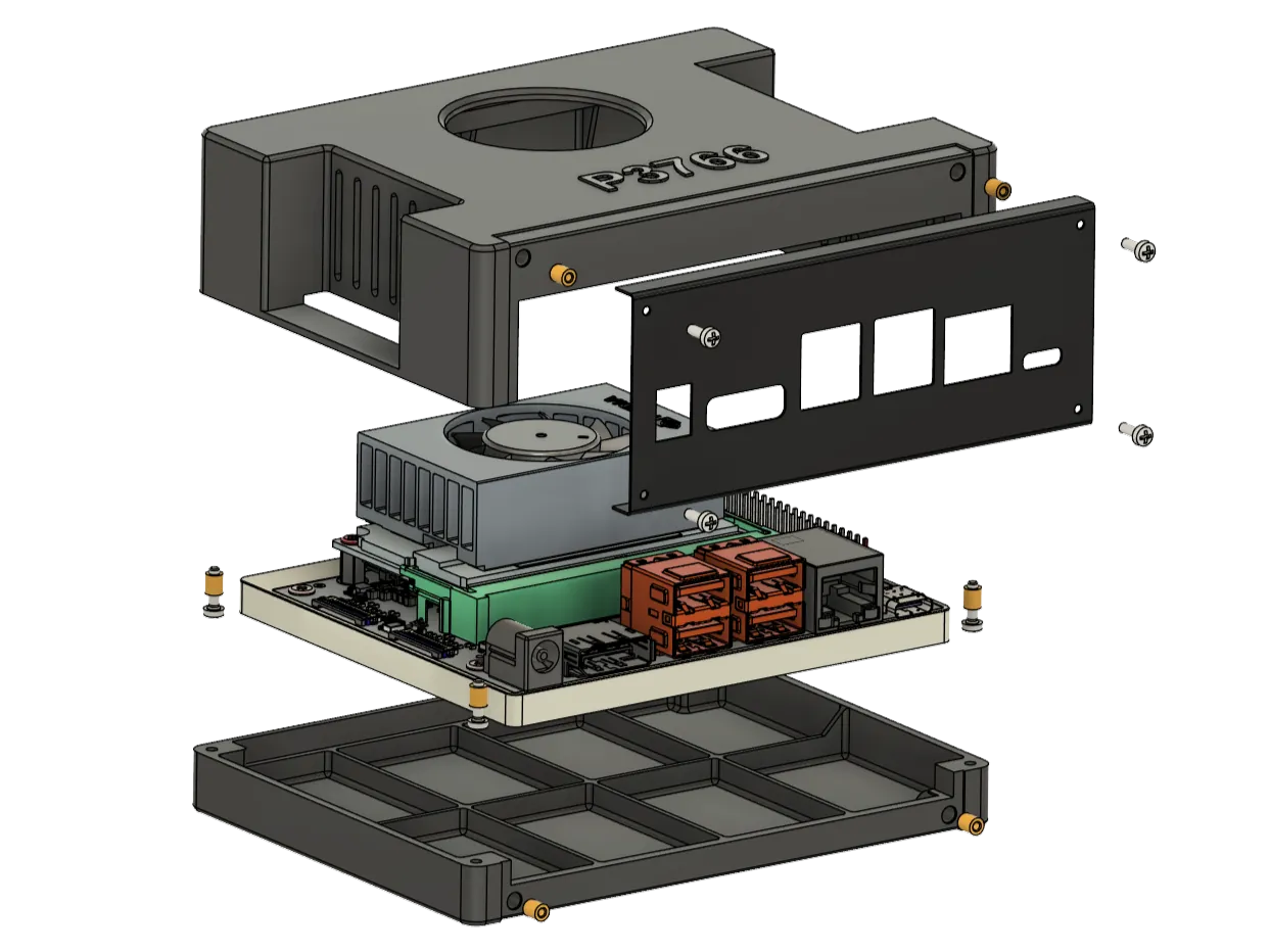 Render di un involucro grigio scuro per il kit di sviluppo NVIDIA Jetson Orin Nano, con apertura per la ventola sopra e pannello frontale nero con le aperture per le porte