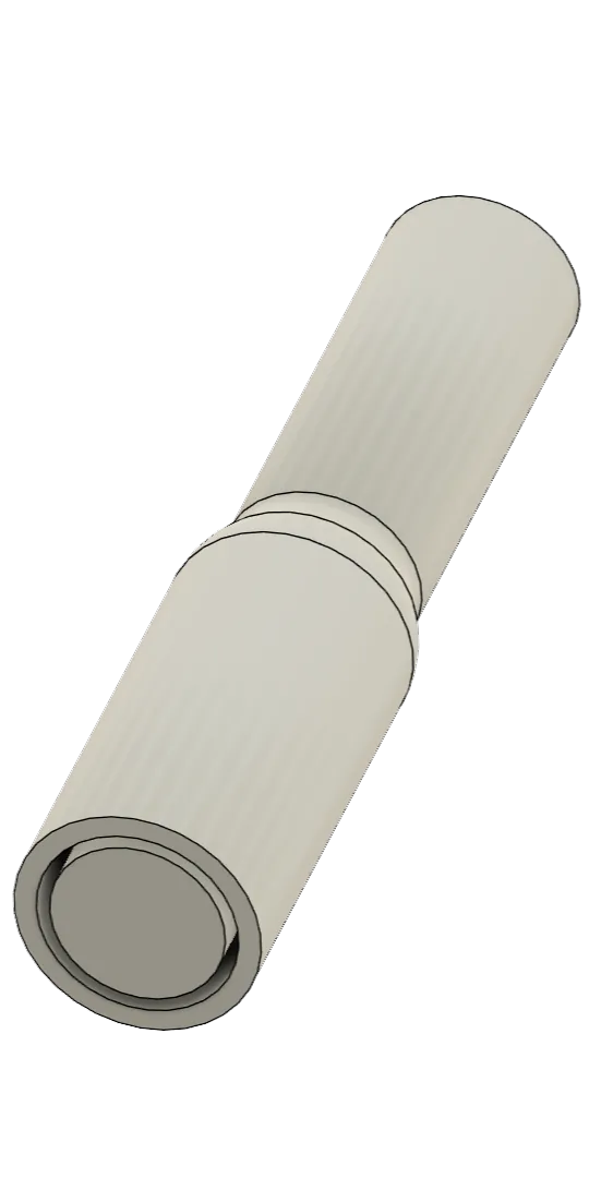 3D CAD model of the extension: a wide socket end with a central post, stepping down through a smooth blend to a narrower spigot